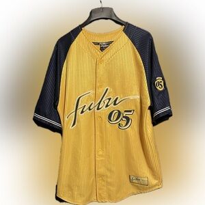 FUBU 05 Baseball Jersey Sz Large 90s 2000 Vintage Yellow Navy Blue Hip Hop Rap